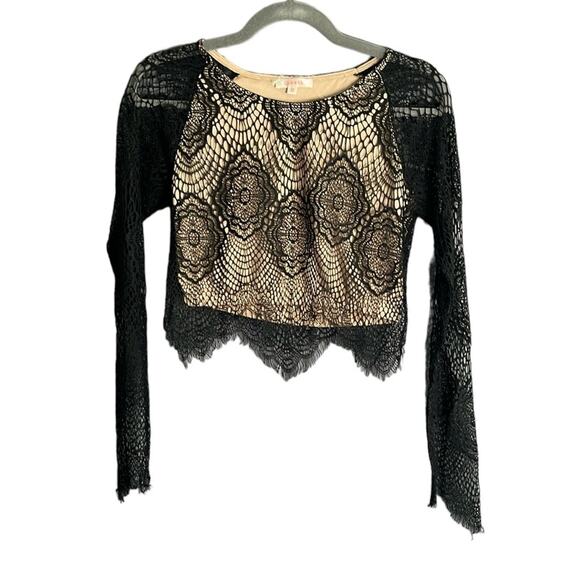 Luxxel Black Lace Cropped Top With Nude Lining and Long Sleeves Size Medium - Picture 1 of 9